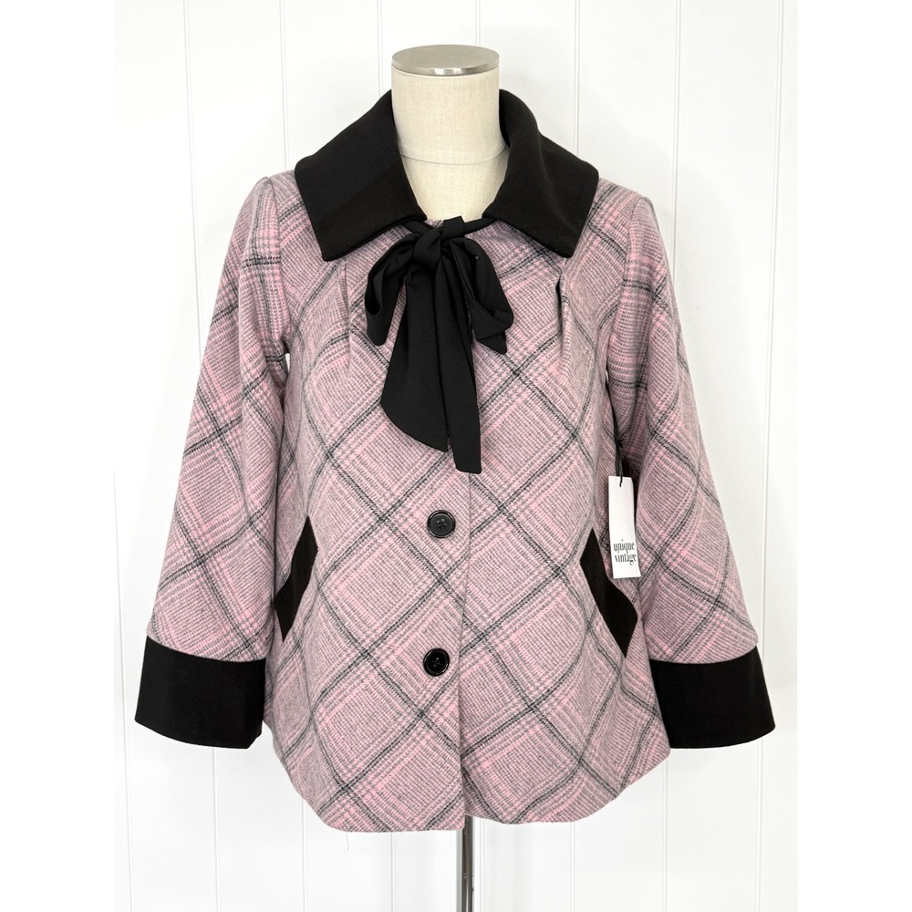 Unique Vintage Ahoy There Pink Plaid Short Swing Coat NWT S 4 Bow Collar
